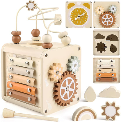 Wooden Activity Cube Wooden Toys 1 Year Old Montessori Toys Early Development & Activity Toys Bead Maze Shape Sorter Educational Baby Girl Boy Gift
