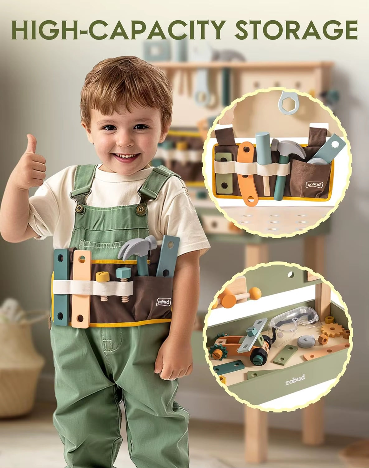 Toddler Pretend Play Kids Workbench Wooden Toy with Tool Belt Goggles Accessories for Creative Assembly Suitable for Age 3