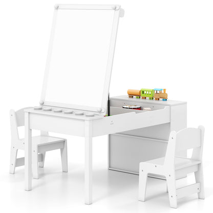 COSTWAY 2-In-1 Kids Art Table and Easel Set Wooden Drawing Desk W/Chairs-White