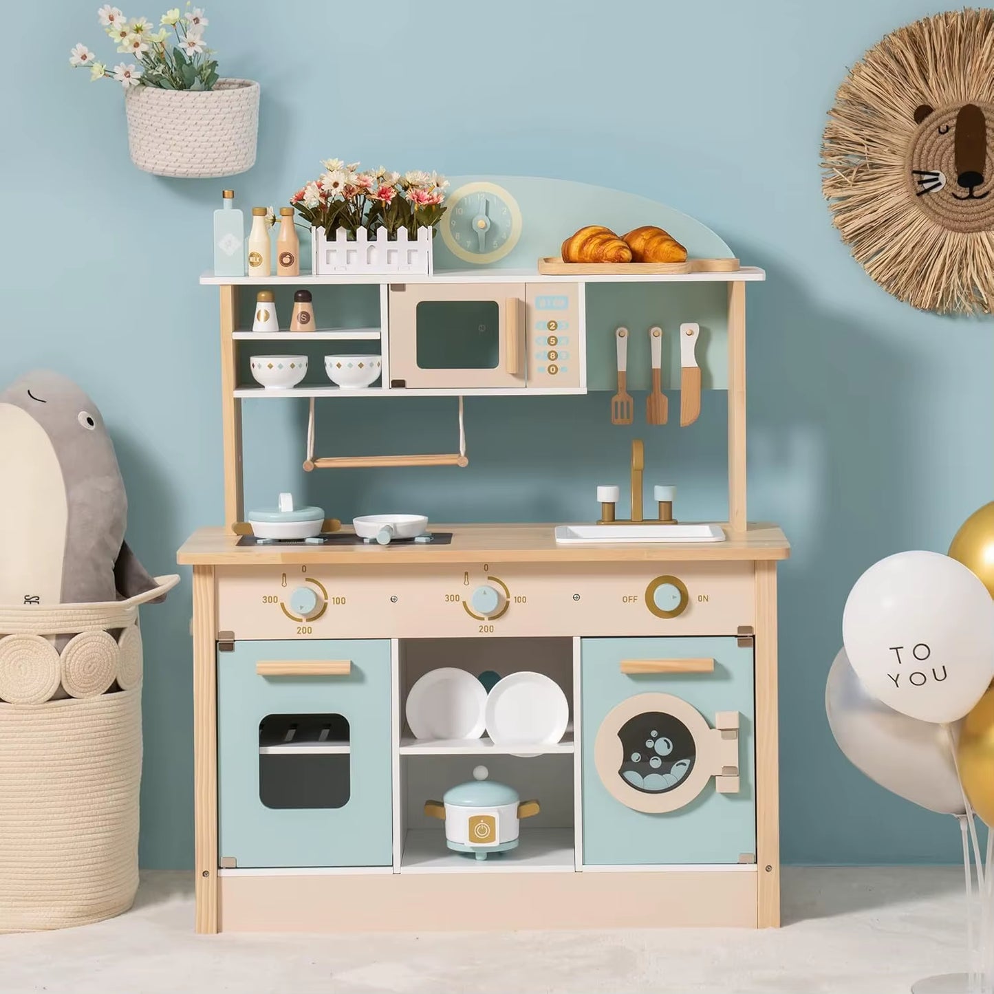 Robud Wooden Kitchen for Kids Play Kitchen with Plenty of Play Features Toddler Kitchen Set Gift for Girls Boys 3+