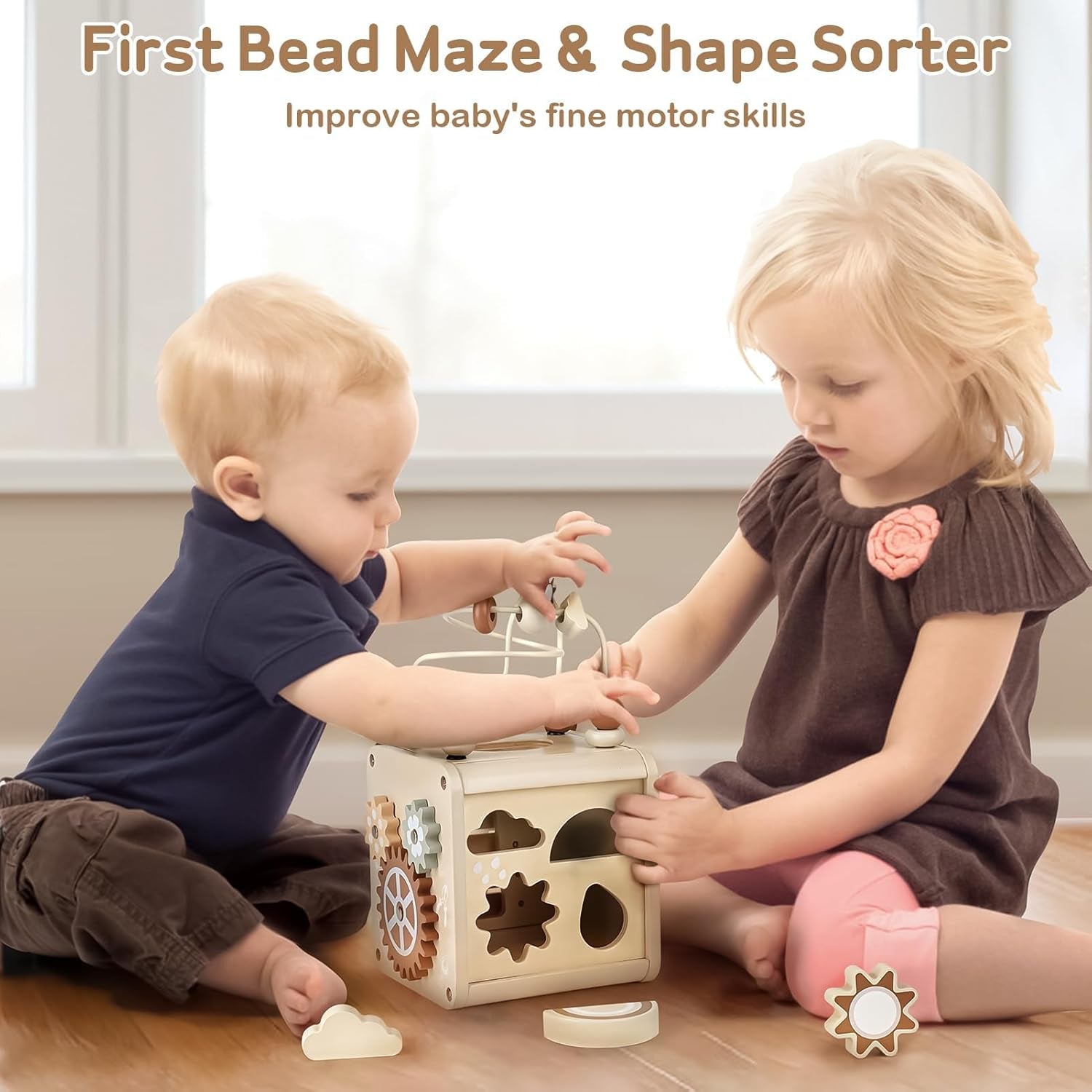 Wooden Activity Cube Wooden Toys 1 Year Old Montessori Toys Early Development & Activity Toys Bead Maze Shape Sorter Educational Baby Girl Boy Gift