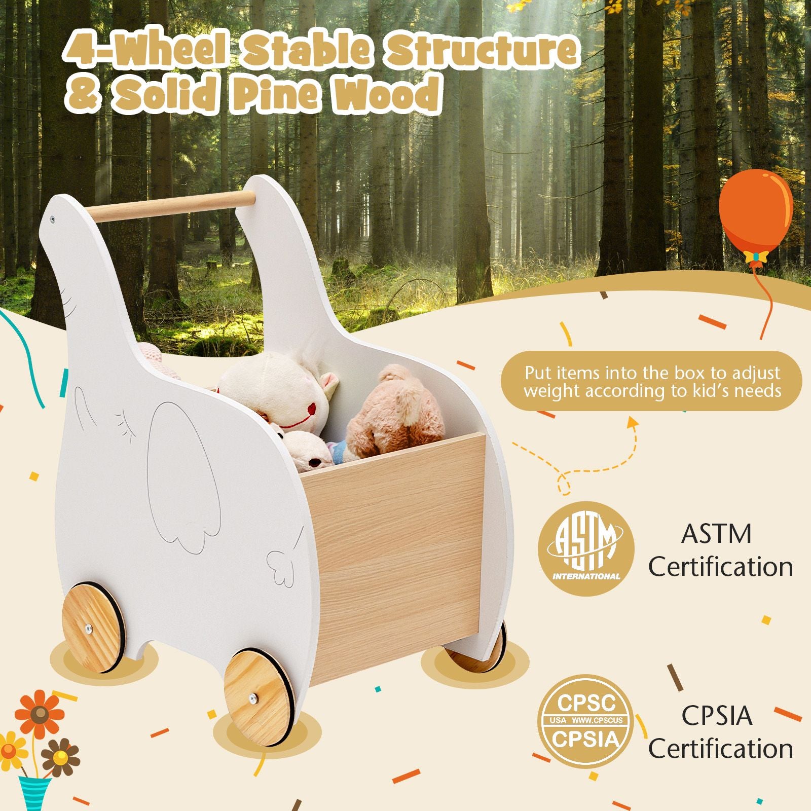 2-In-1 Wooden Baby Walker with Storage Chest and 4 Wheels