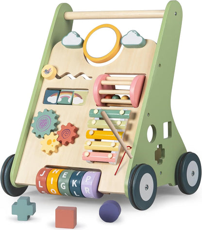 Wooden Walker for Babies 12 Months, Toddler Push along Walker Toy for 1 Year Olds Girls Boys Gifts, 8-In-1 Baby Activity Walker with Wooden Play Food Toys 1St Birthday Presents
