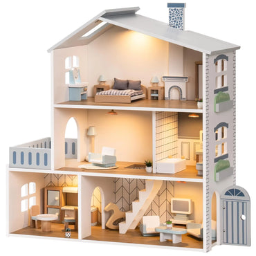 Wooden Dollhouse 6 Rooms 29 Realistic Accessories 4-6" Dolls Nordic Style Kids Toddlers Gift Ages 3+