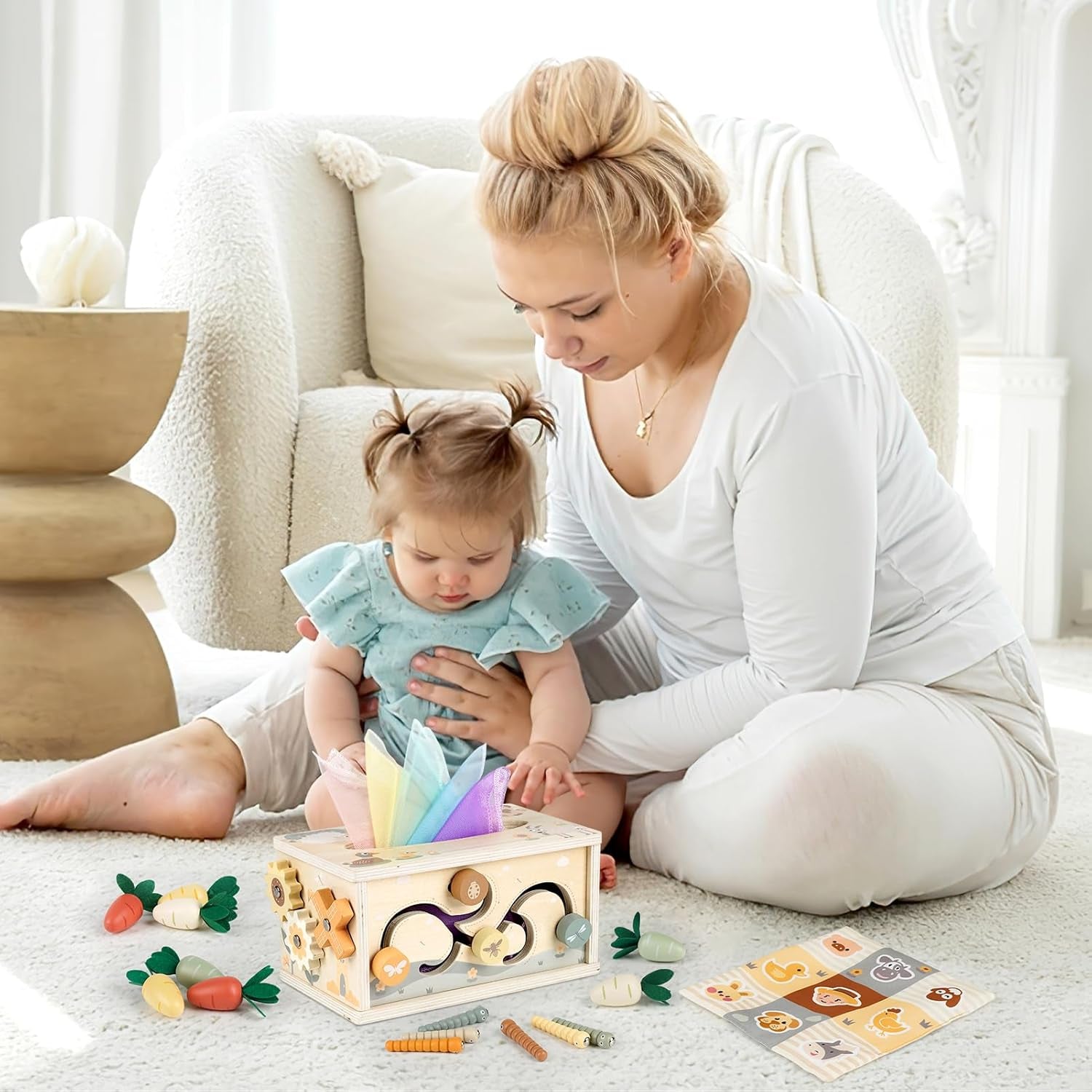 Montessori Toys for 1 Year Old, 6 in 1 Baby Tissue Box Toy Wooden Activity Cube, Shape Sorter Sensory Toys for Babies 12 Months, 1St Birthday Gifts for Girls Boys