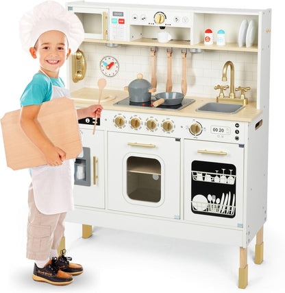 Wooden Play Kitchen, Children'S Play Kitchens & Toddler Set, Playset for Kids 3+ with LED Lights, Interactive Toy with Microwave, Dishwasher, Coffee Machine, Oven, Sink & Accessories