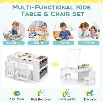 COSTWAY 2-In-1 Kids Art Table and Easel Set Wooden Drawing Desk W/Chairs-White