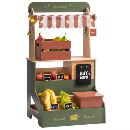 Robotime  Vintage Green Wooden Kids Shop with Box Fairy Lights Bell and Blackboard with Food Toy Set Grils Boys 3+