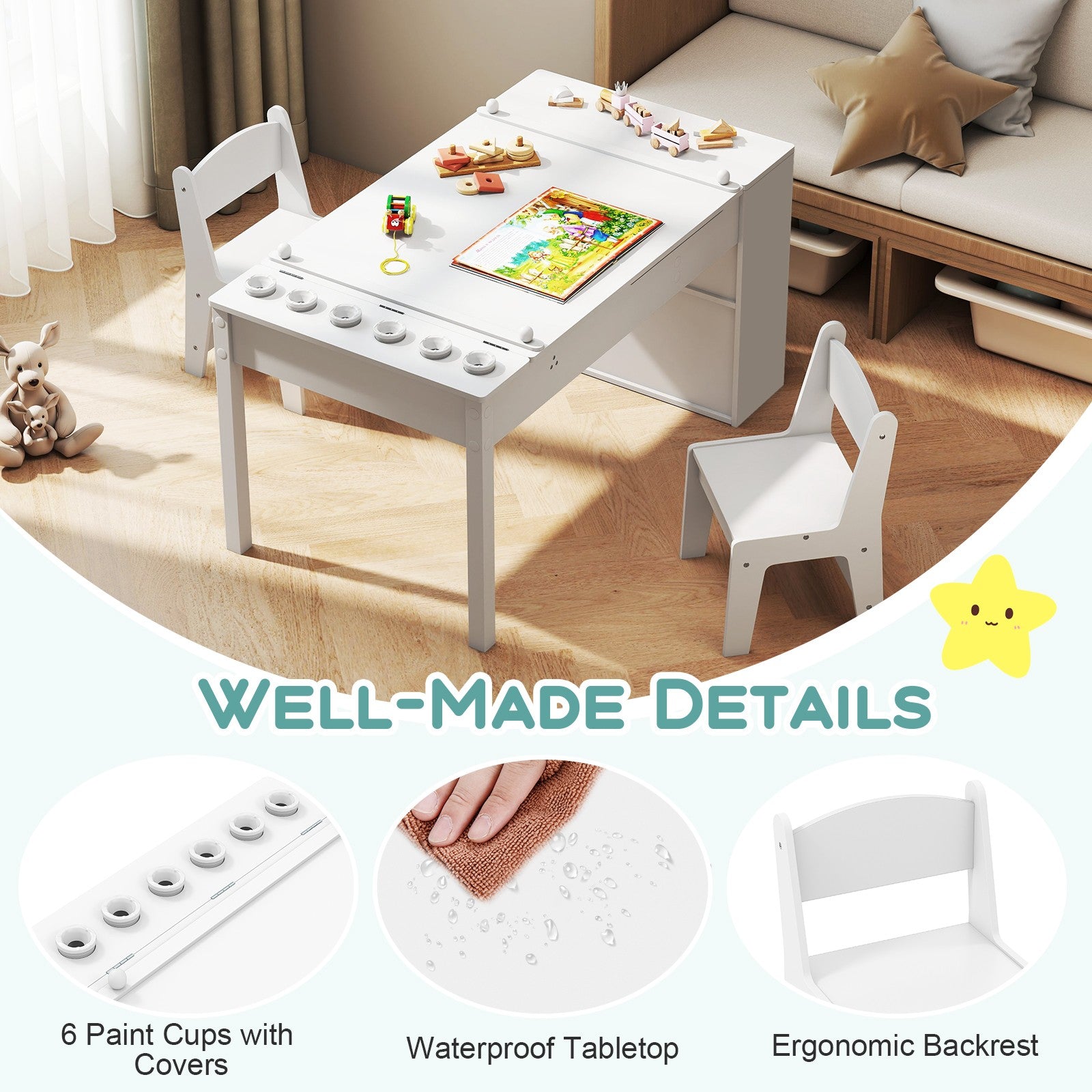 COSTWAY 2-In-1 Kids Art Table and Easel Set Wooden Drawing Desk W/Chairs-White