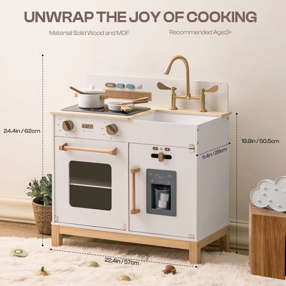 Play Kitchen for Toddlers Wooden Play Kitchen with Real Lights Sounds Ice Cube Dispenser Gift for Ages 3+ Blue White