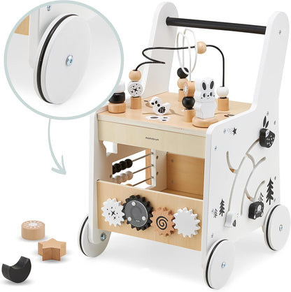 Wooden Baby Walker with Wheels 6-In-1 - Push along Toy 12+ Months - Baby Activity Centre Walker with Shape Sorter, Bead Mazes, Abacus and Gears and Stacking Blocks