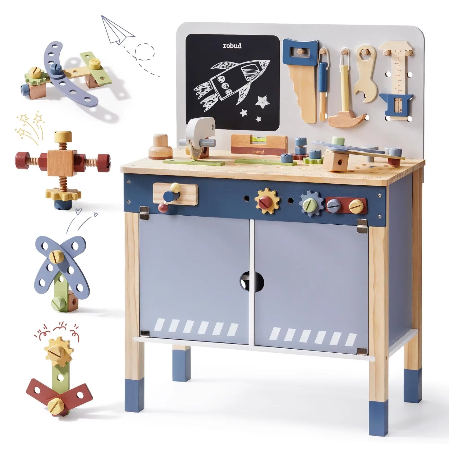 Robud Wooden Toy Workbench Large Kid'S Wooden Play Tool Pretend Play Creative Building Set Gift for Girls & Boys 3+