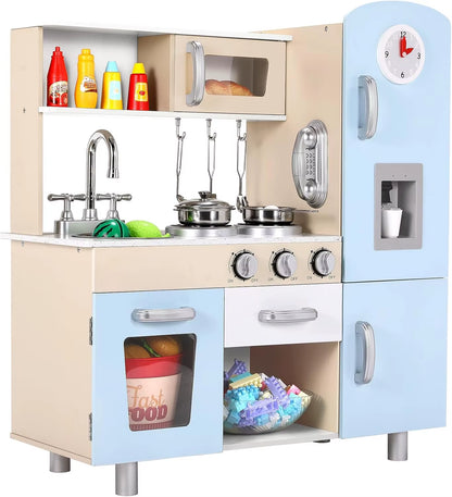 Kids Wooden Pretend Cooking Kitchen Playset with Cabinets for Toddler Play Kitchen Toy Cooking with Lights & Sounds