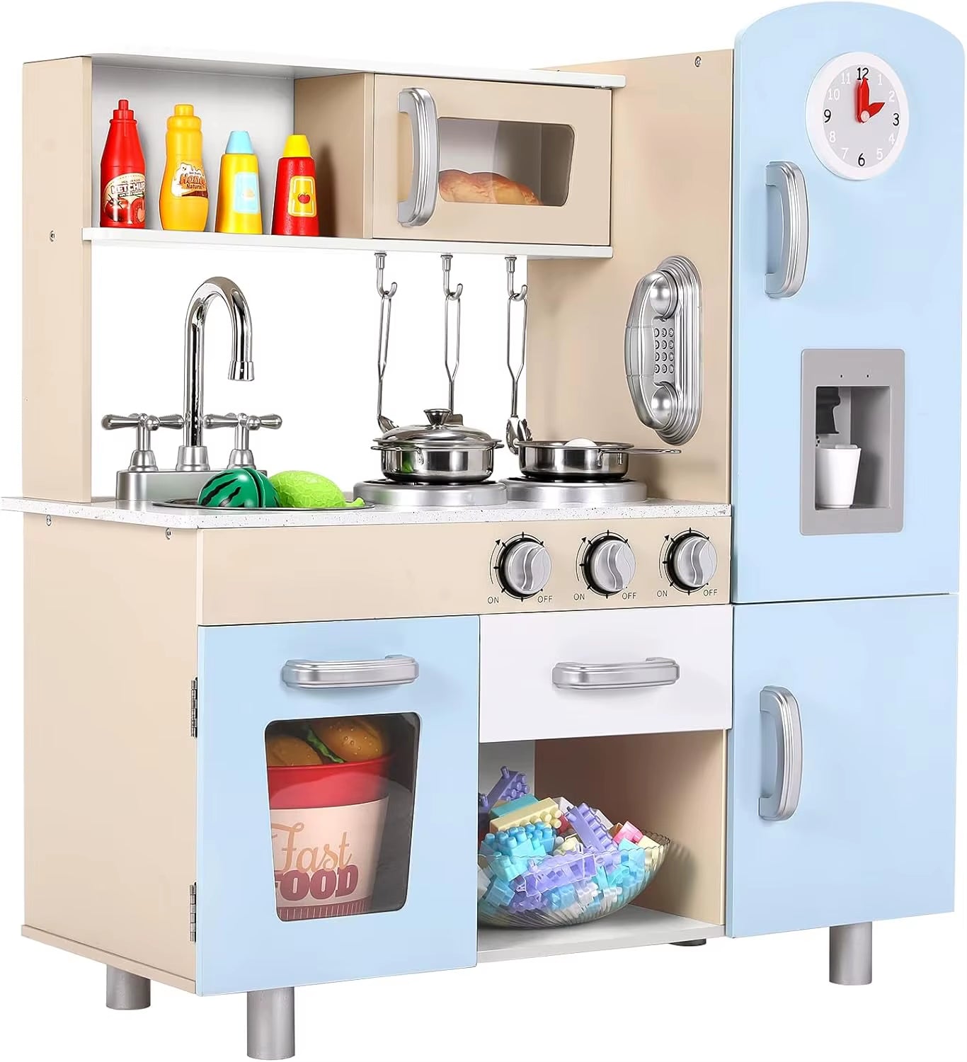 Kids Wooden Pretend Cooking Kitchen Playset with Cabinets for Toddler Play Kitchen Toy Cooking with Lights & Sounds