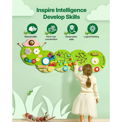 Caterpillar Children Wall Busy Board 12 Activities Montessori Sensory Learning Center for Kids 3-12 Years Playroom Toys