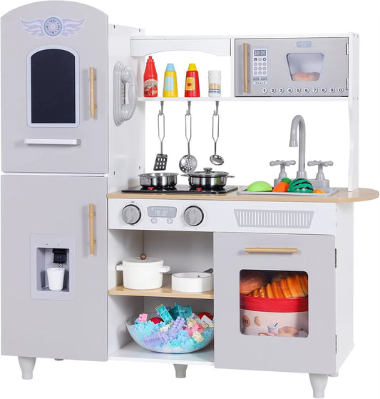 Wooden Toy Kitchen Playset with Real Lights & Sounds, Play Kitchen Set for Toddlers, Double-Door Fridge, Ice Maker & Cookware