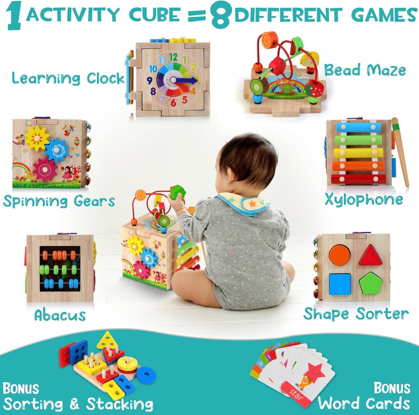 Wooden Activity Cube Baby Toys, 8-In-1 Montessori Educational Toy Set, Bead Maze Shape Sorter Abacus Xylophone Words & Clock Learning, STEM Toys for Boys Girls Toys for 1 2 3 Years Old