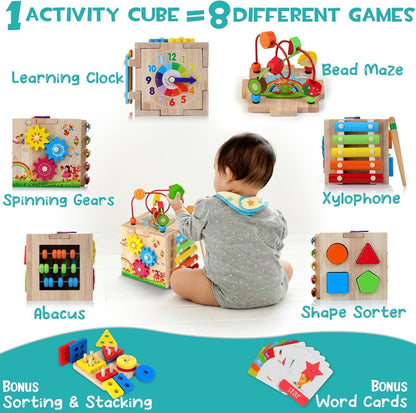 Wooden Activity Cube Baby Toys, 8-In-1 Montessori Educational Toy Set, Bead Maze Shape Sorter Abacus Xylophone Words & Clock Learning, STEM Toys for Boys Girls Toys for 1 2 3 Years Old