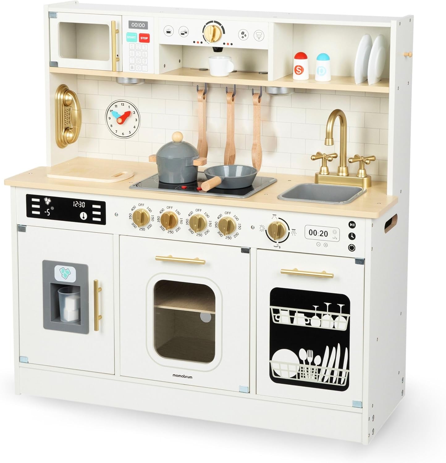 Wooden Play Kitchen, Children'S Play Kitchens & Toddler Set, Playset for Kids 3+ with LED Lights, Interactive Toy with Microwave, Dishwasher, Coffee Machine, Oven, Sink & Accessories