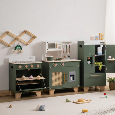 Robotime  Vintage Wooden Toy Kitchen Oven Kids Washer Dryer with Realist Toy Fridge Play Kitchen Set Vintage Green