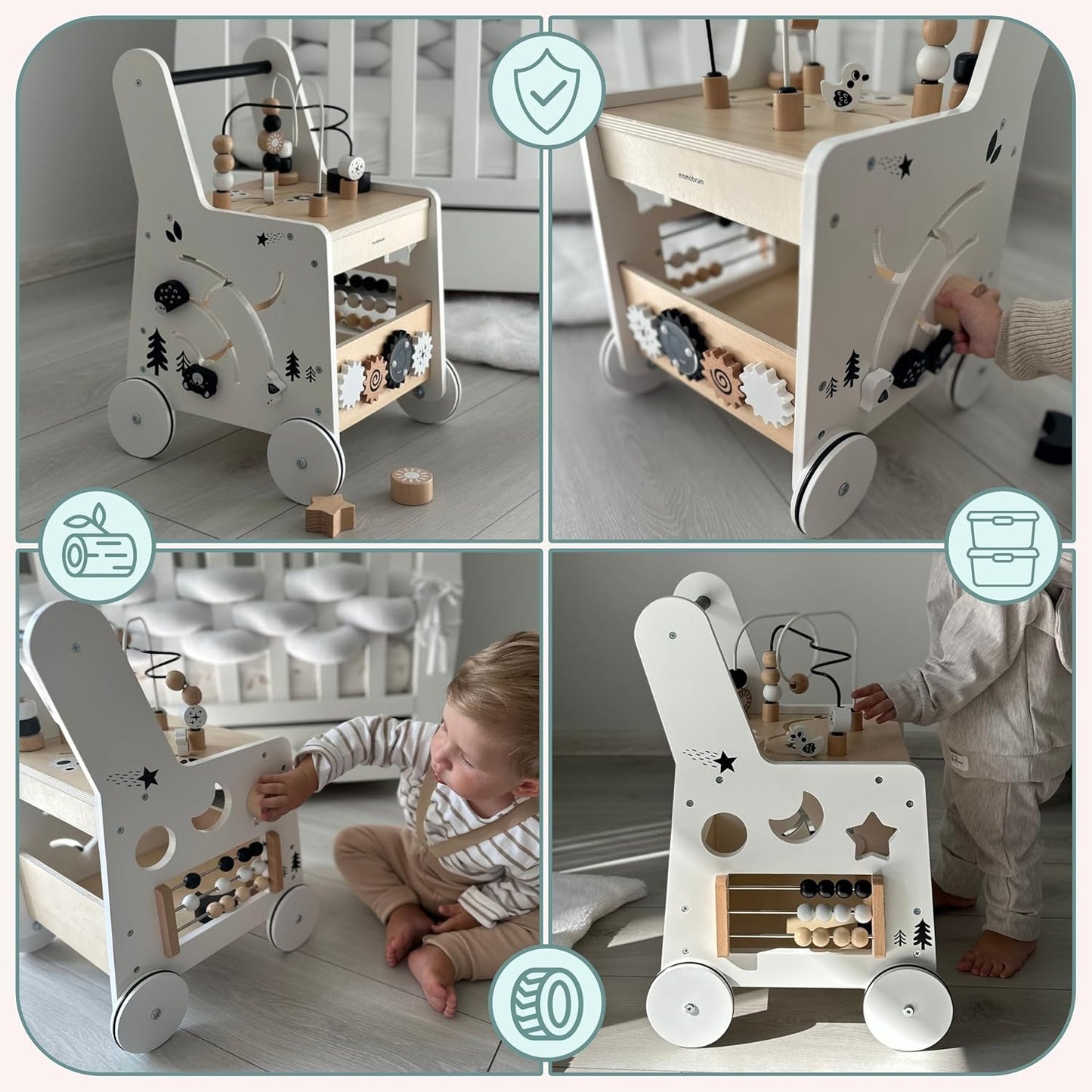 Wooden Baby Walker with Wheels 6-In-1 - Push along Toy 12+ Months - Baby Activity Centre Walker with Shape Sorter, Bead Mazes, Abacus and Gears and Stacking Blocks