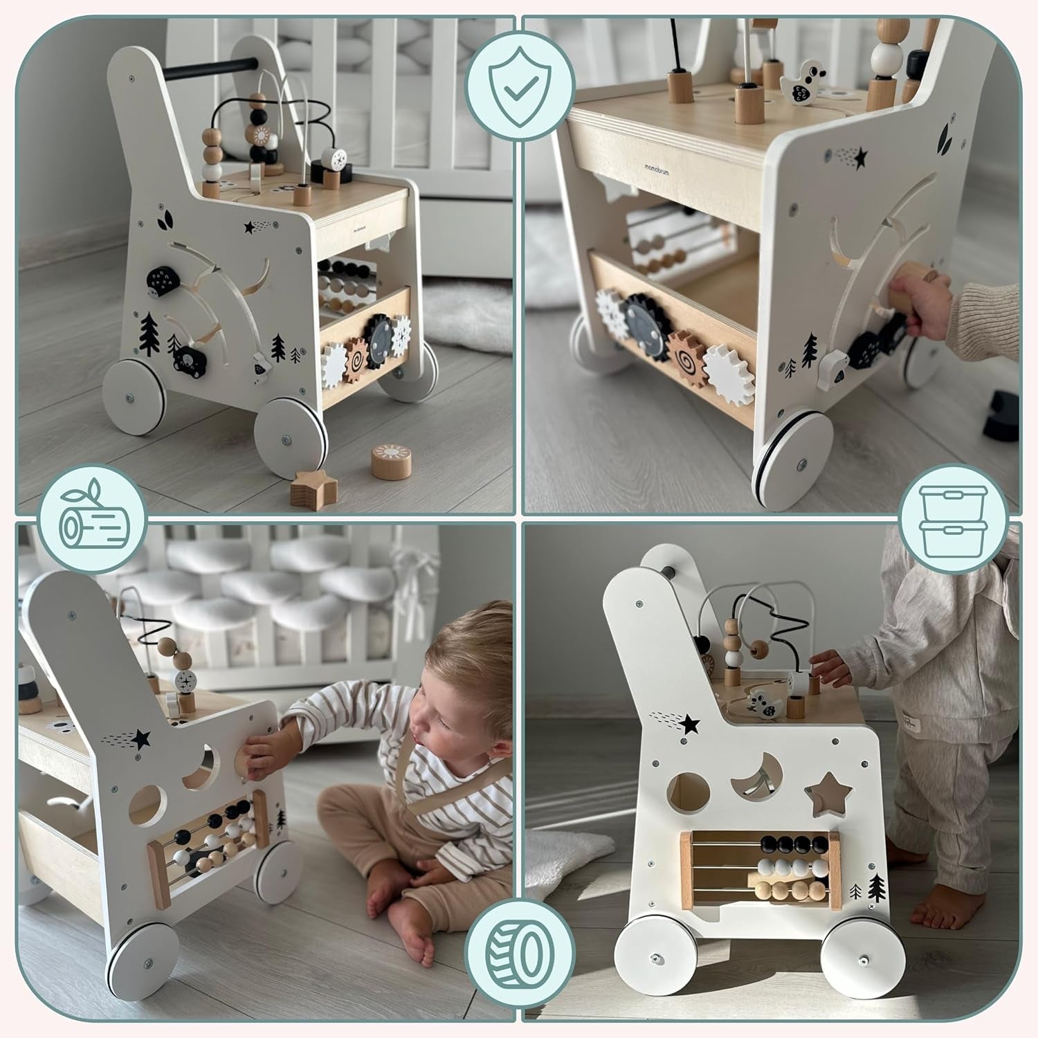 Wooden Baby Walker with Wheels 6-In-1 - Push along Toy 12+ Months - Baby Activity Centre Walker with Shape Sorter, Bead Mazes, Abacus and Gears and Stacking Blocks