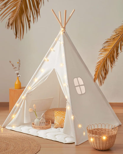 Teepee Tent with Padded Mat, Light String & Carry Case - Kids Foldable Play Tent for Indoor Outdoor, Raw White Canvas - Playhouse - Portable