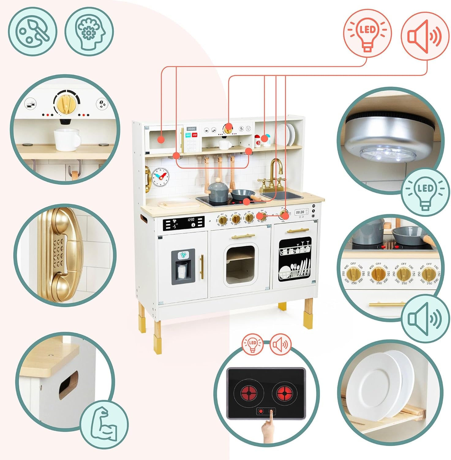 Wooden Play Kitchen, Children'S Play Kitchens & Toddler Set, Playset for Kids 3+ with LED Lights, Interactive Toy with Microwave, Dishwasher, Coffee Machine, Oven, Sink & Accessories