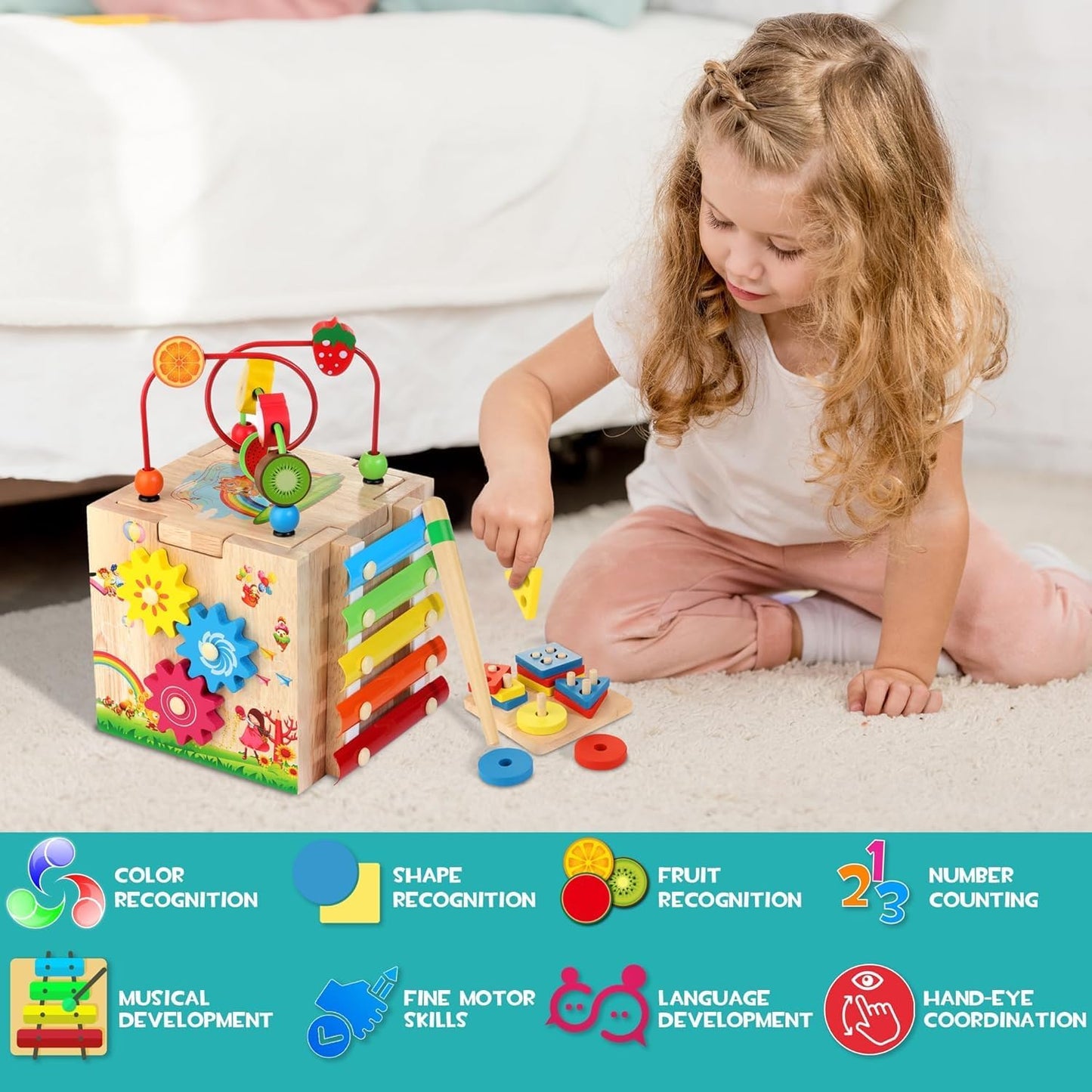 Wooden Activity Cube Baby Toys, 8-In-1 Montessori Educational Toy Set, Bead Maze Shape Sorter Abacus Xylophone Words & Clock Learning, STEM Toys for Boys Girls Toys for 1 2 3 Years Old