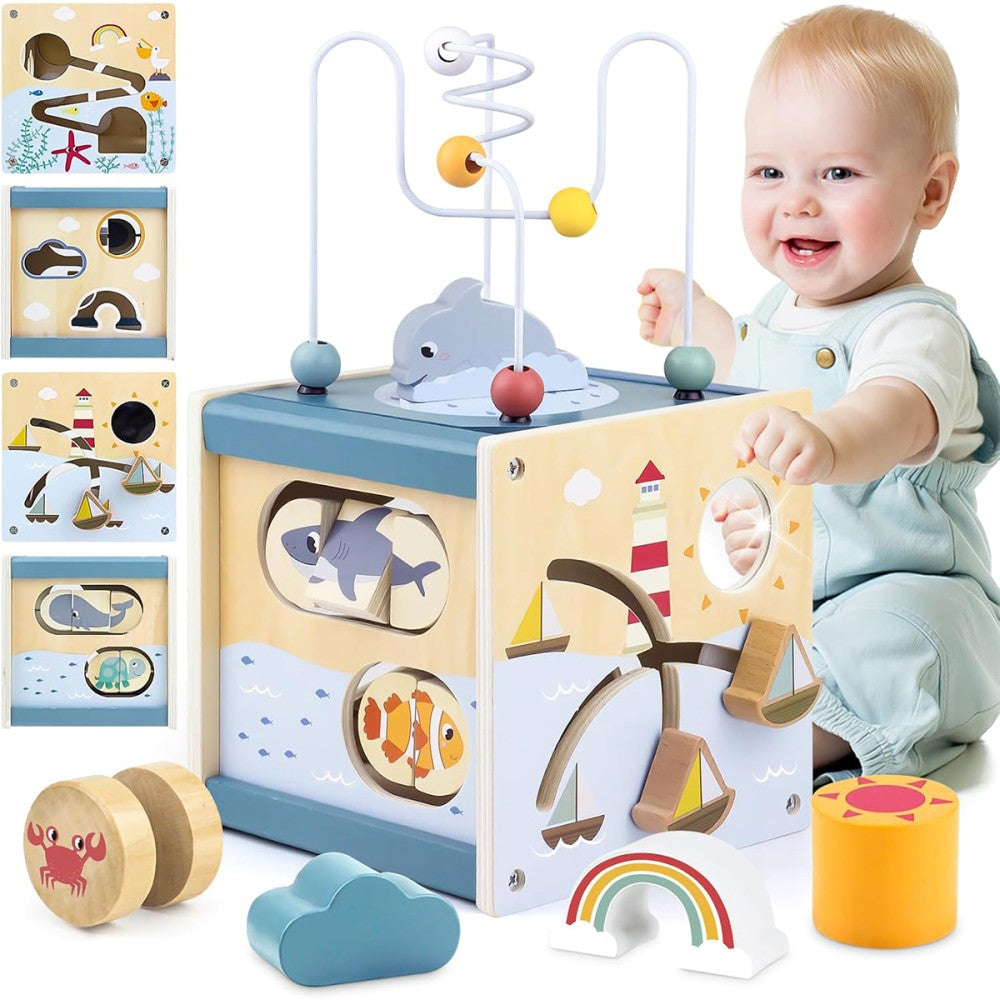 Activity Cube Baby Toys - Wooden Toys for 1 2 3 Year Old Boys and Girls - Table