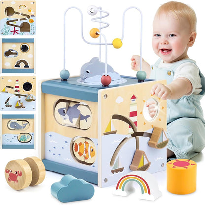 Activity Cube Baby Toys - Wooden Toys for 1 2 3 Year Old Boys and Girls - Table