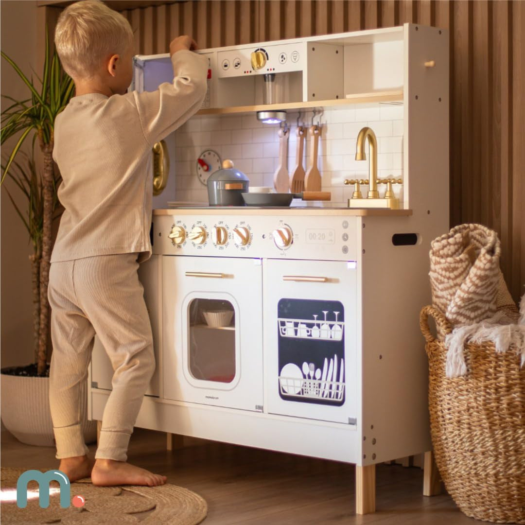 Wooden Play Kitchen, Children'S Play Kitchens & Toddler Set, Playset for Kids 3+ with LED Lights, Interactive Toy with Microwave, Dishwasher, Coffee Machine, Oven, Sink & Accessories