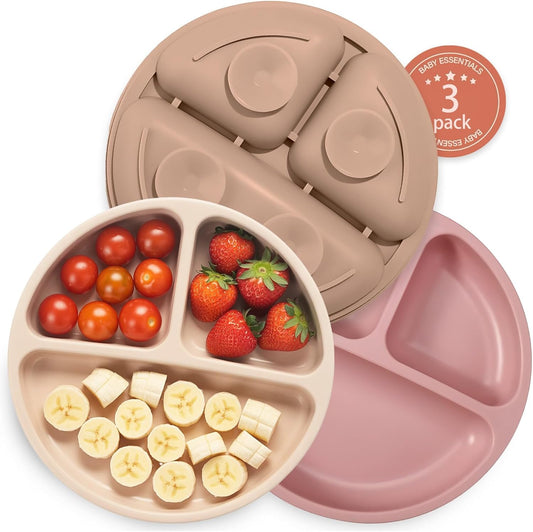 Baby Suction Plate Set of 3 - Non Slip Baby Plate, Divided Plates for Toddlers and Kids Childrens, Bpa-Free Unbreakable Plates (Light Pink/Cream/Khaki)