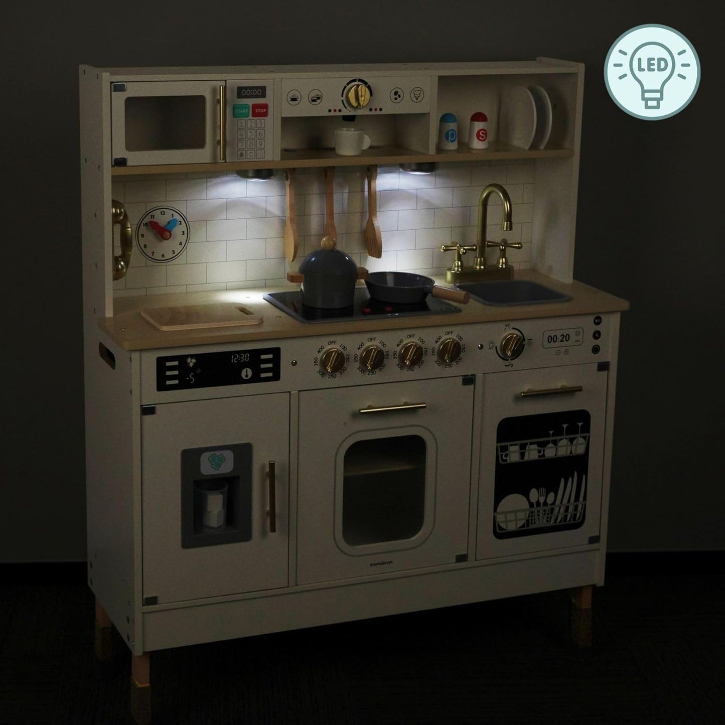 Wooden Play Kitchen, Children'S Play Kitchens & Toddler Set, Playset for Kids 3+ with LED Lights, Interactive Toy with Microwave, Dishwasher, Coffee Machine, Oven, Sink & Accessories