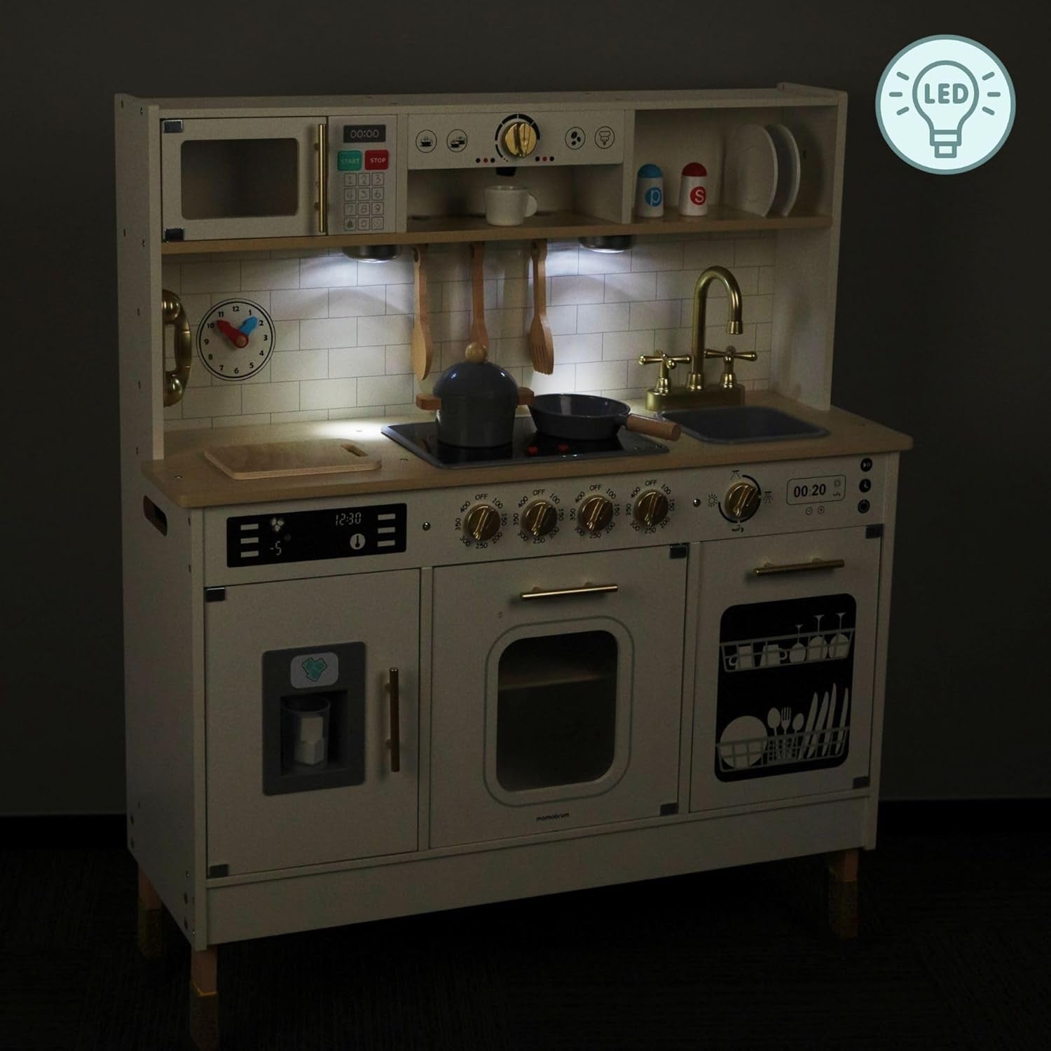 Wooden Play Kitchen, Children'S Play Kitchens & Toddler Set, Playset for Kids 3+ with LED Lights, Interactive Toy with Microwave, Dishwasher, Coffee Machine, Oven, Sink & Accessories