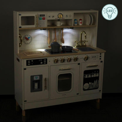 Wooden Play Kitchen, Children'S Play Kitchens & Toddler Set, Playset for Kids 3+ with LED Lights, Interactive Toy with Microwave, Dishwasher, Coffee Machine, Oven, Sink & Accessories