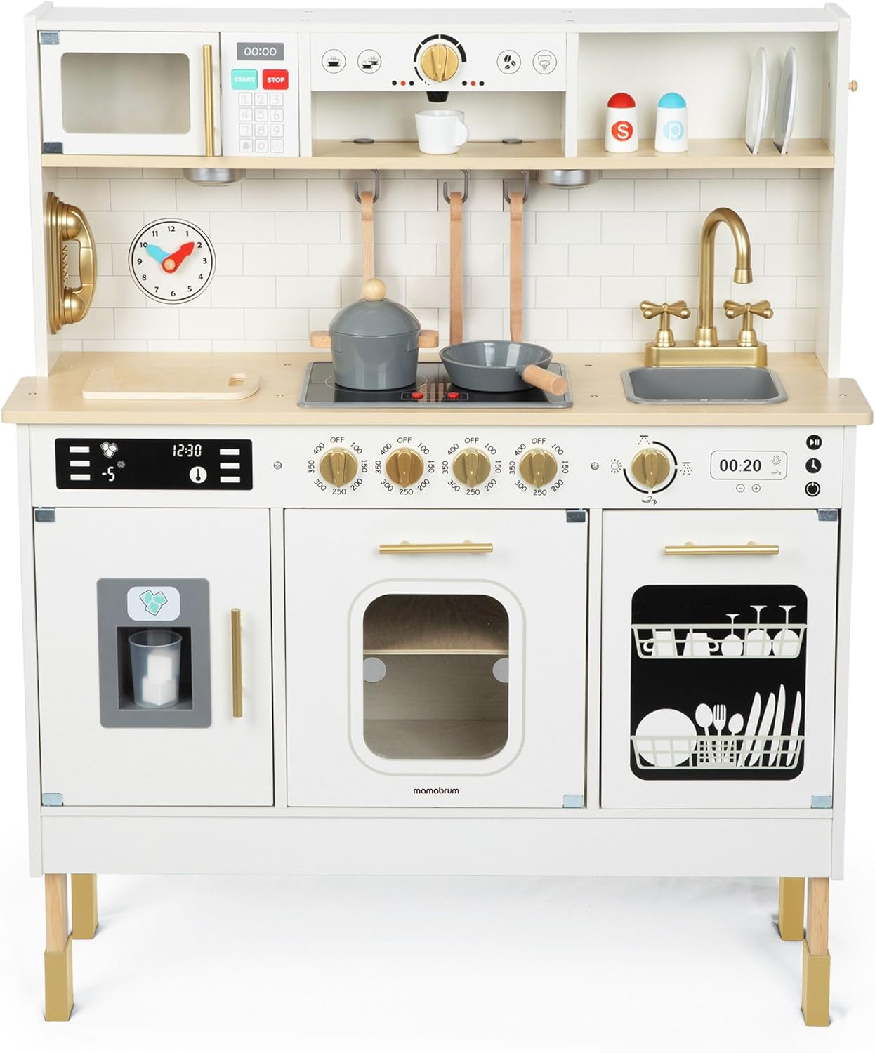 Wooden Play Kitchen, Children'S Play Kitchens & Toddler Set, Playset for Kids 3+ with LED Lights, Interactive Toy with Microwave, Dishwasher, Coffee Machine, Oven, Sink & Accessories