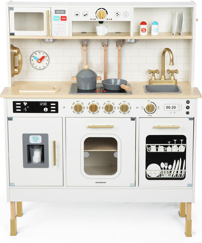 Wooden Play Kitchen, Children'S Play Kitchens & Toddler Set, Playset for Kids 3+ with LED Lights, Interactive Toy with Microwave, Dishwasher, Coffee Machine, Oven, Sink & Accessories