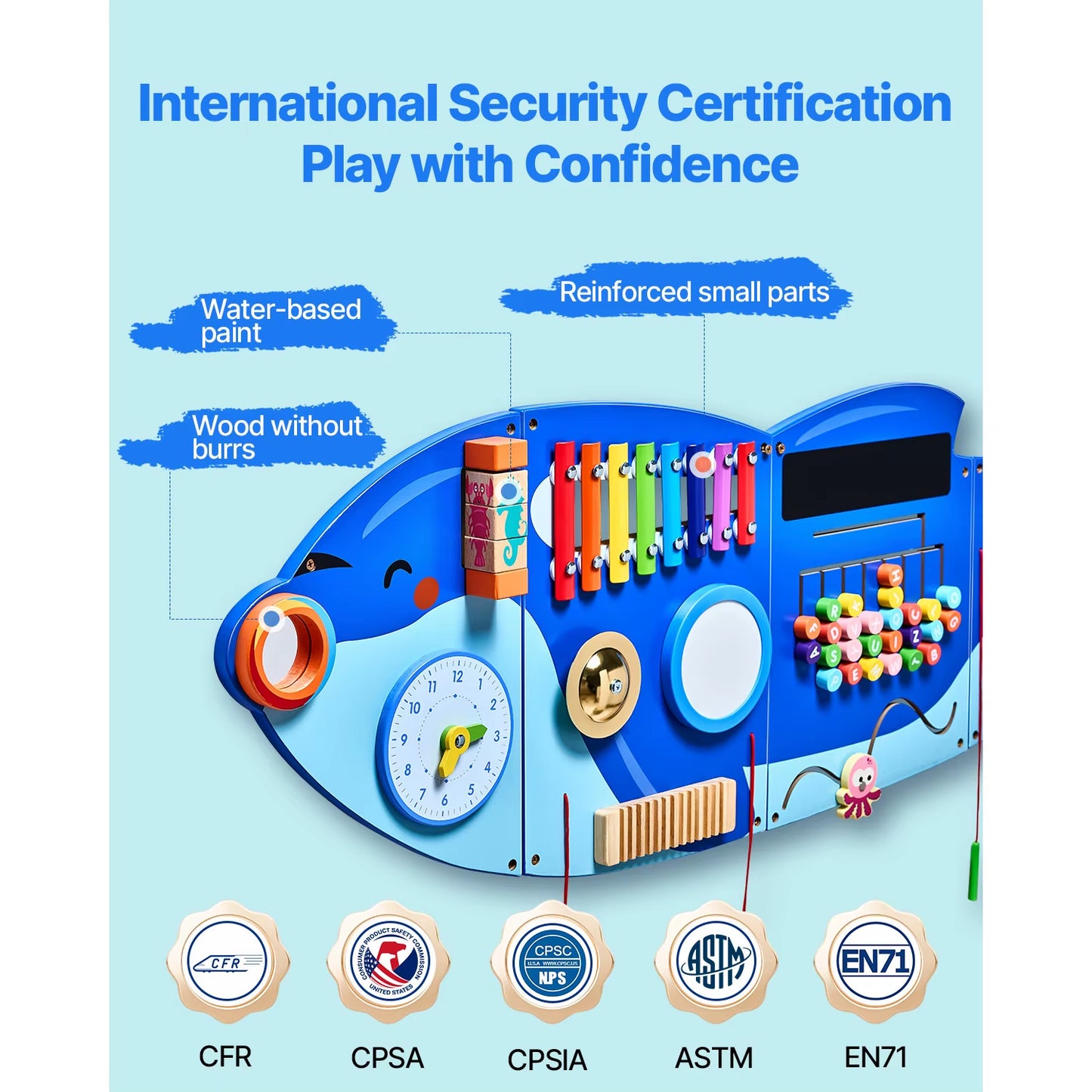 VEVOR Orca Kids Wall Busy Board 12 Activities Hanging Panels Montessori Sensory Learning Toys for Toddler 3-12 Years Play Toys