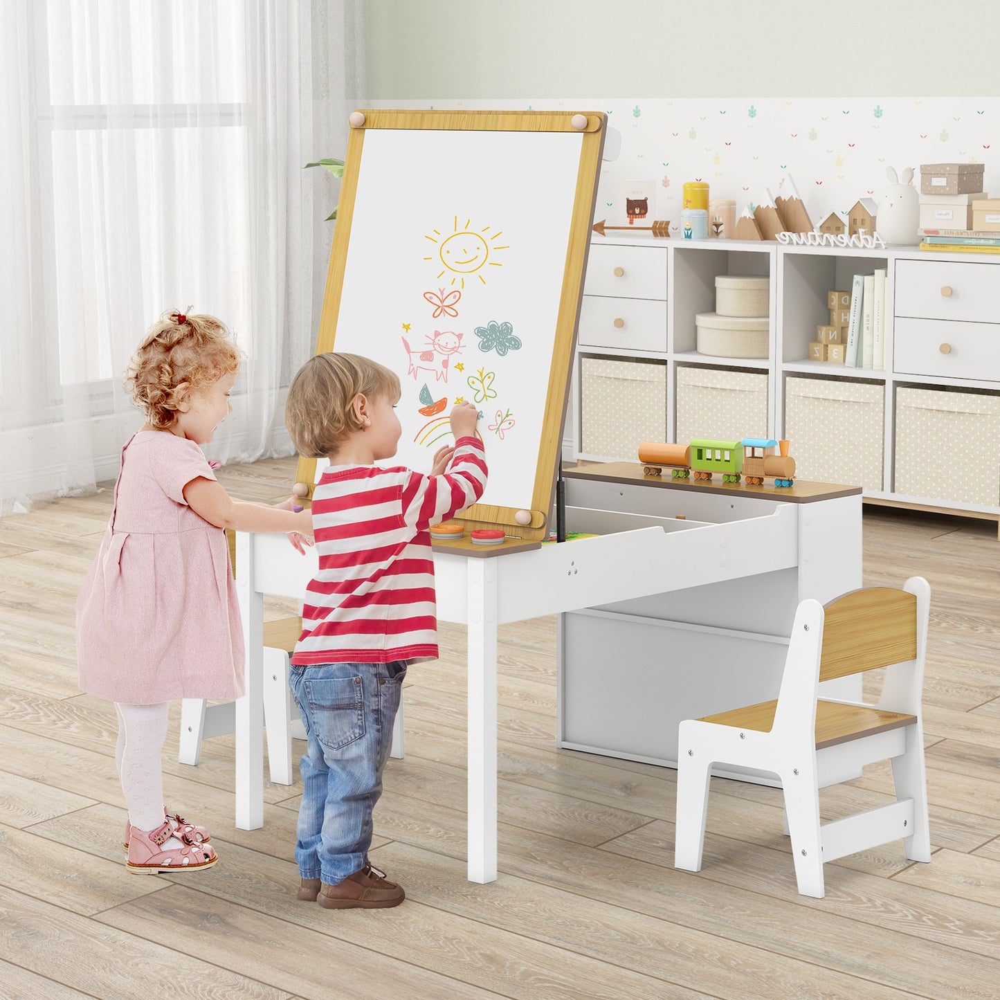 COSTWAY 2-In-1 Kids Art Table and Easel Set Wooden Drawing Desk W/Chairs-Natur