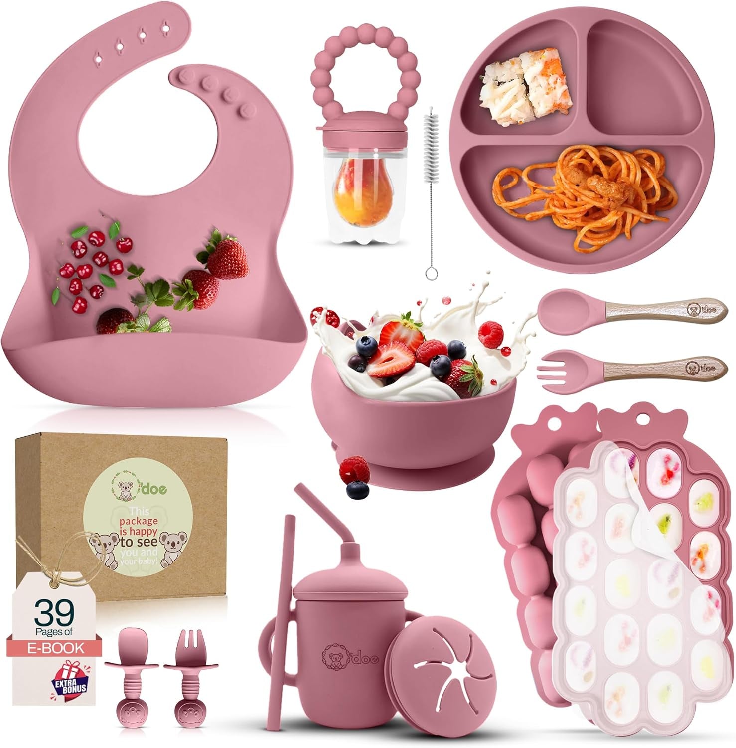 Baby Weaning Set – 15 Pcs Silicone Baby Feeding Set with Suction Plate, Bowl, Bib, Sippy Cup, Fruit Feeder, Freezer Tray – Baby Plates and Bowls Set – Pink – BPA Free | 6M+