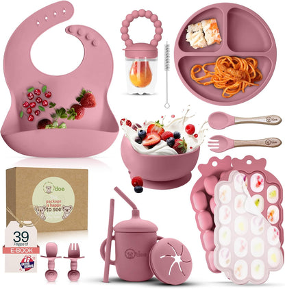 Baby Weaning Set – 15 Pcs Silicone Baby Feeding Set with Suction Plate, Bowl, Bib, Sippy Cup, Fruit Feeder, Freezer Tray – Baby Plates and Bowls Set – Pink – BPA Free | 6M+