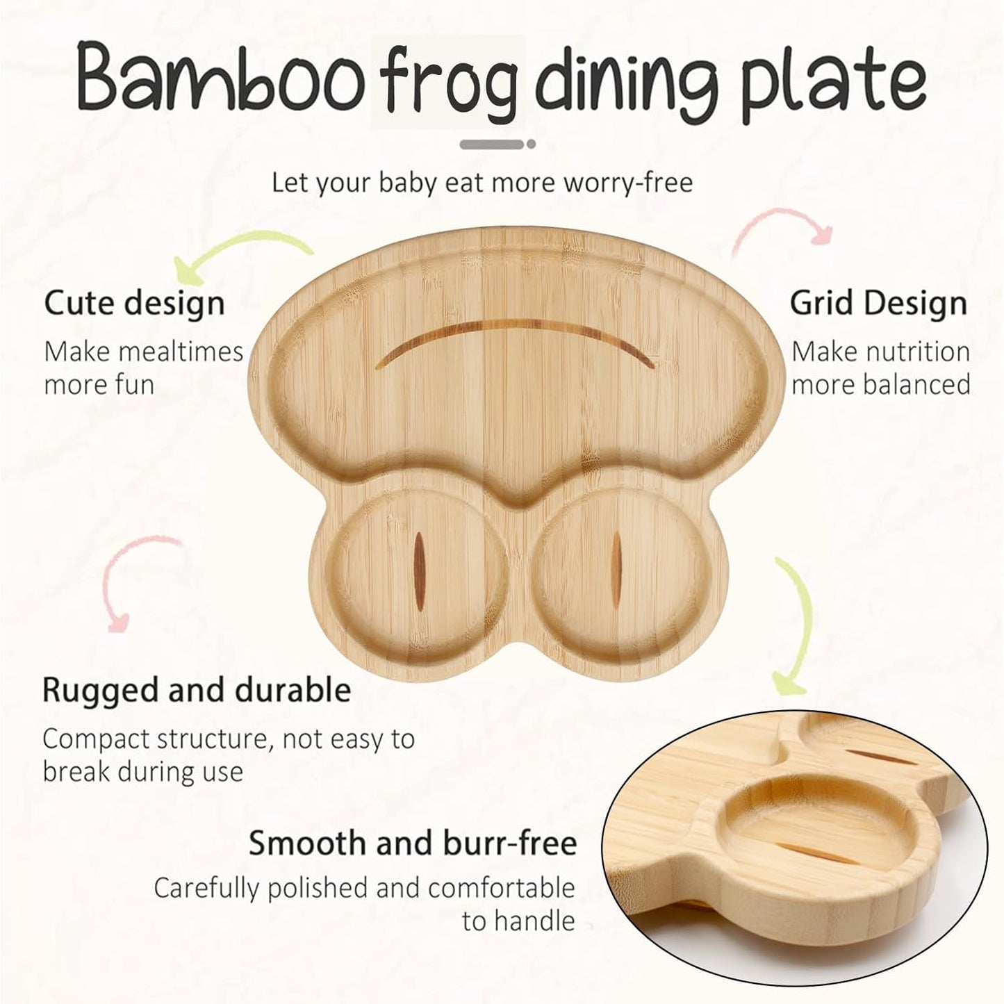 Bamboo Baby Plate with Silicone Suction Plate for Baby Toddler Kids- Divided Unbreakable- Non-Slip