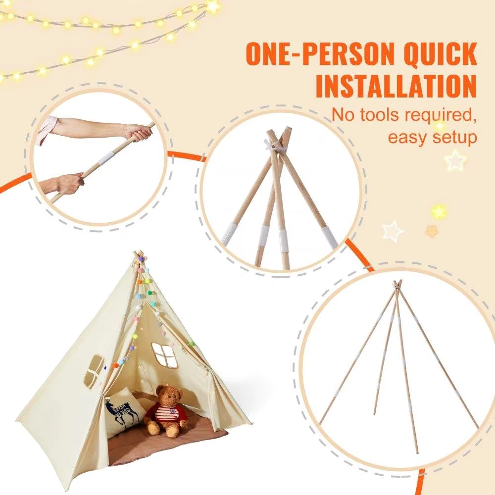 For Kids Play Tent Teepee for Toddler for Kids 1-5 Years Old with Mat Plush Balls and Windows for Indoor Outdoor Beige