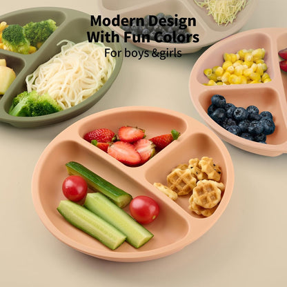 Baby Suction Plate Set of 3 - Non Slip Baby Plate, Divided Plates for Toddlers and Kids Childrens, Bpa-Free Unbreakable Plates (Royal Blue/Cream/Army Green)