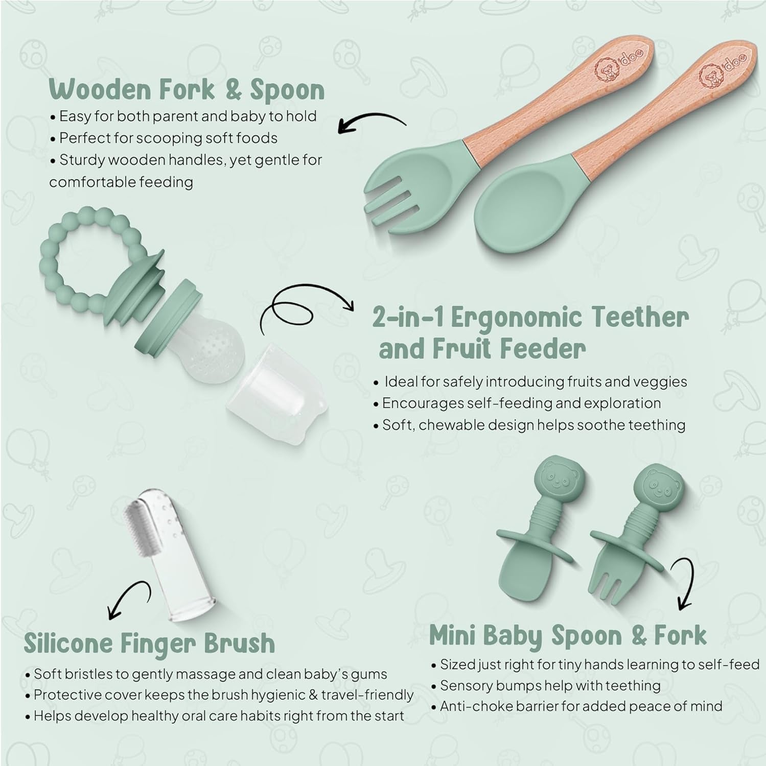 Baby Weaning Set – 15 Pcs Silicone Baby Feeding Set with Suction Plate, Bowl, Bib, Sippy Cup, Fruit Feeder, Freezer Tray – Baby Plates and Bowls Set – Green– BPA Free