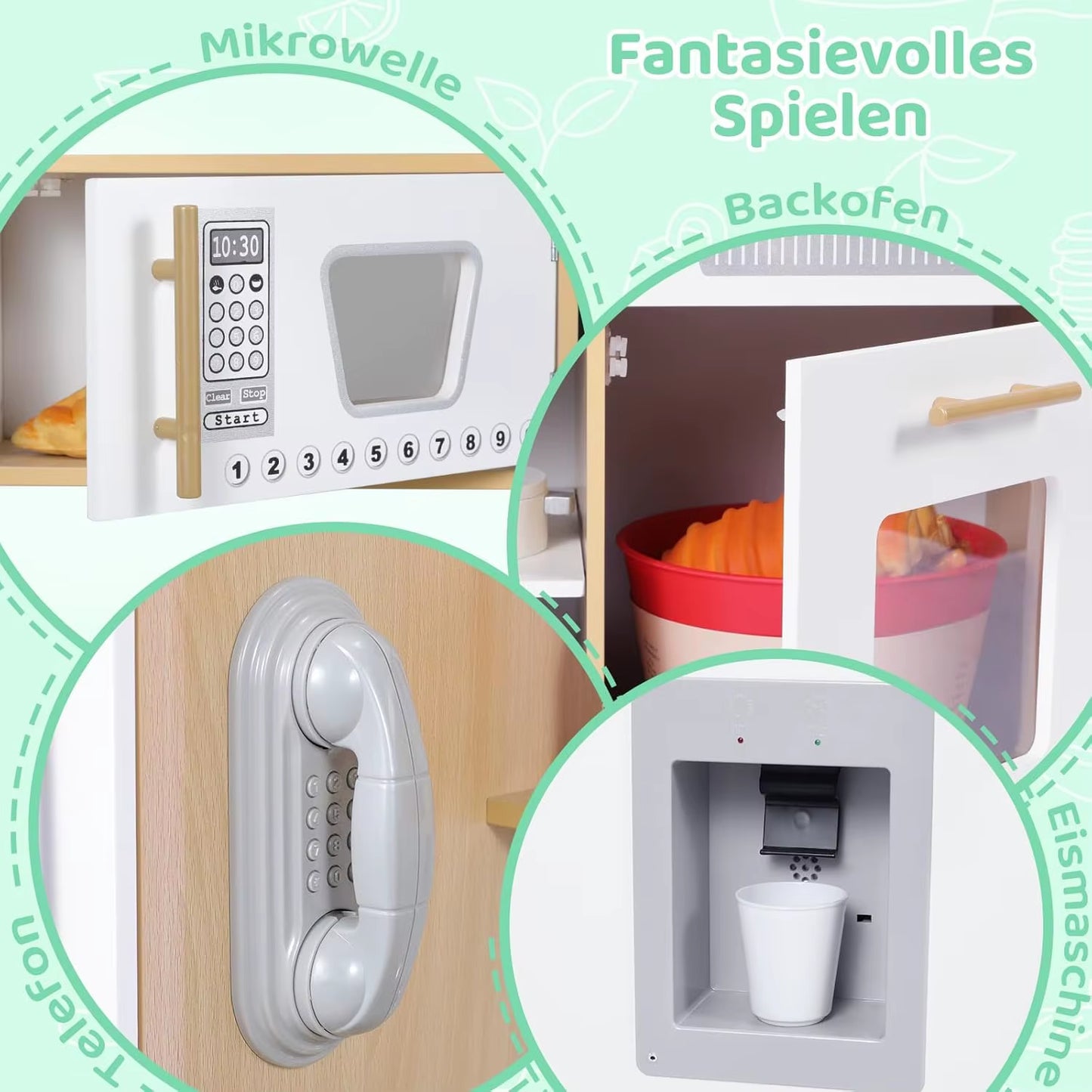 Wooden Toy Kitchen Playset with Real Lights & Sounds, Play Kitchen Set for Toddlers, Double-Door Fridge, Ice Maker & Cookware