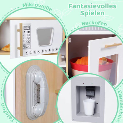 Wooden Toy Kitchen Playset with Real Lights & Sounds, Play Kitchen Set for Toddlers, Double-Door Fridge, Ice Maker & Cookware