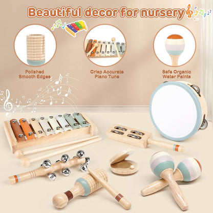Kids Musical Instruments,  Baby Musical Instrument Montessori Wooden Toys for Toddlers18M+, Neutral Colors Percussion Instruments Set, Aesthetic Modern Boho Xylophone for Kids Playroom Gifts