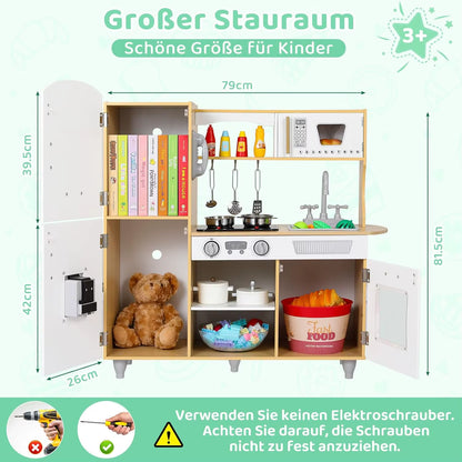 Wooden Toy Kitchen Playset with Real Lights & Sounds, Play Kitchen Set for Toddlers, Double-Door Fridge, Ice Maker & Cookware